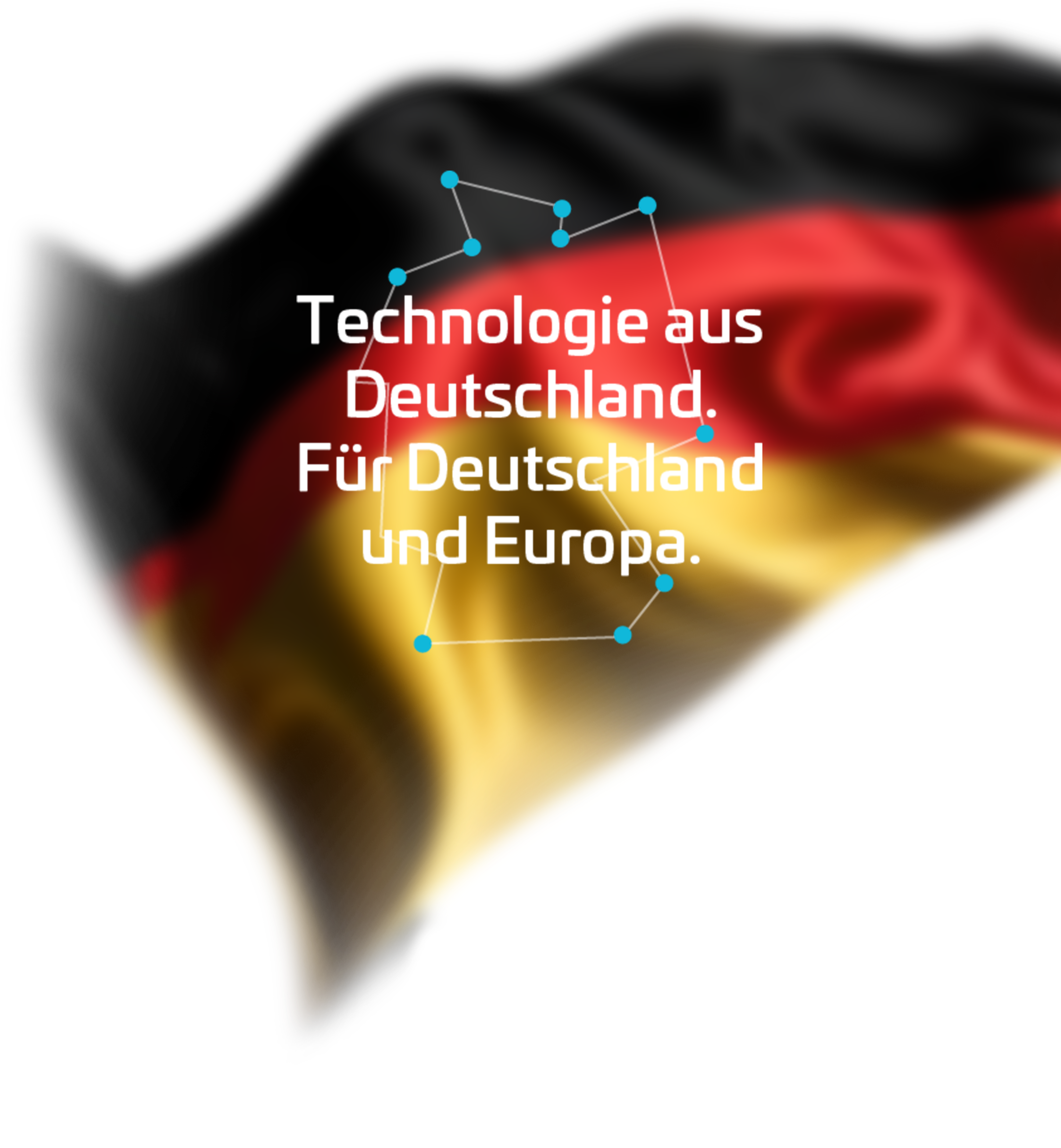 Eine verschwommene und wehende Deutschlandflagge. Davor sieht man eine Deutschlandkarte aus